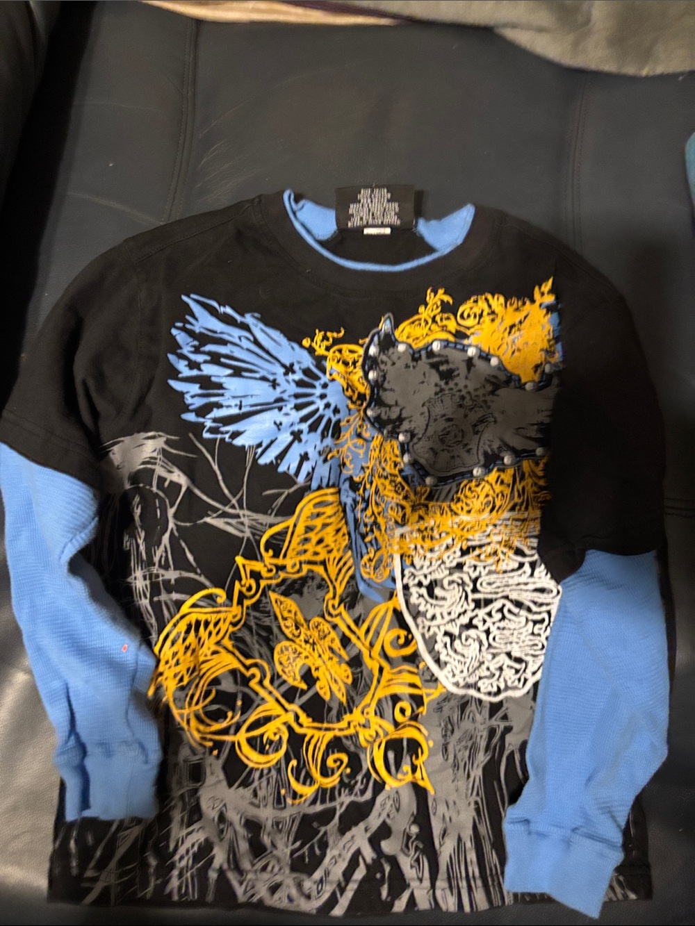Graphic Layered-Look Crewneck Top in Black and Light Blue